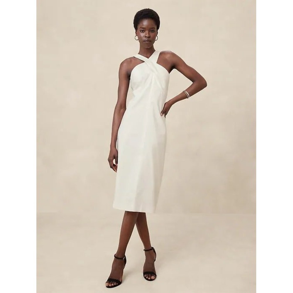 NEW Banana Republic Factory Linen-Blend Crossover Midi Dress White Size 0 - Picture 1 of 8